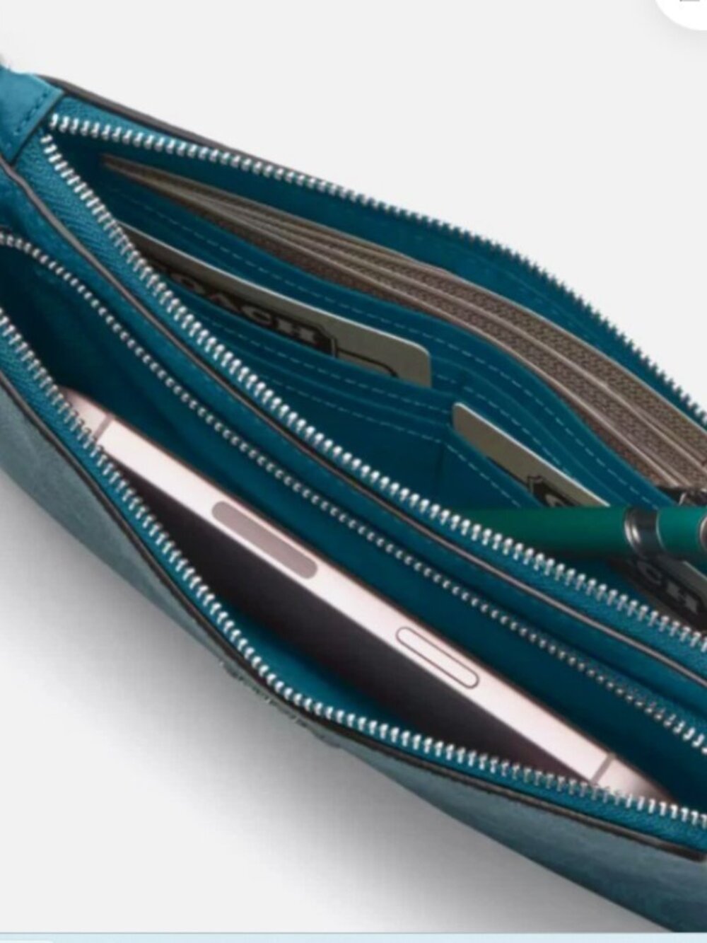 Coach Double Zip Wallet In Signature Canvas Teal Aquamarine NEW - Picture 2 of 3